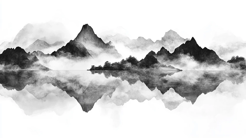 黑白意境屏风山水画