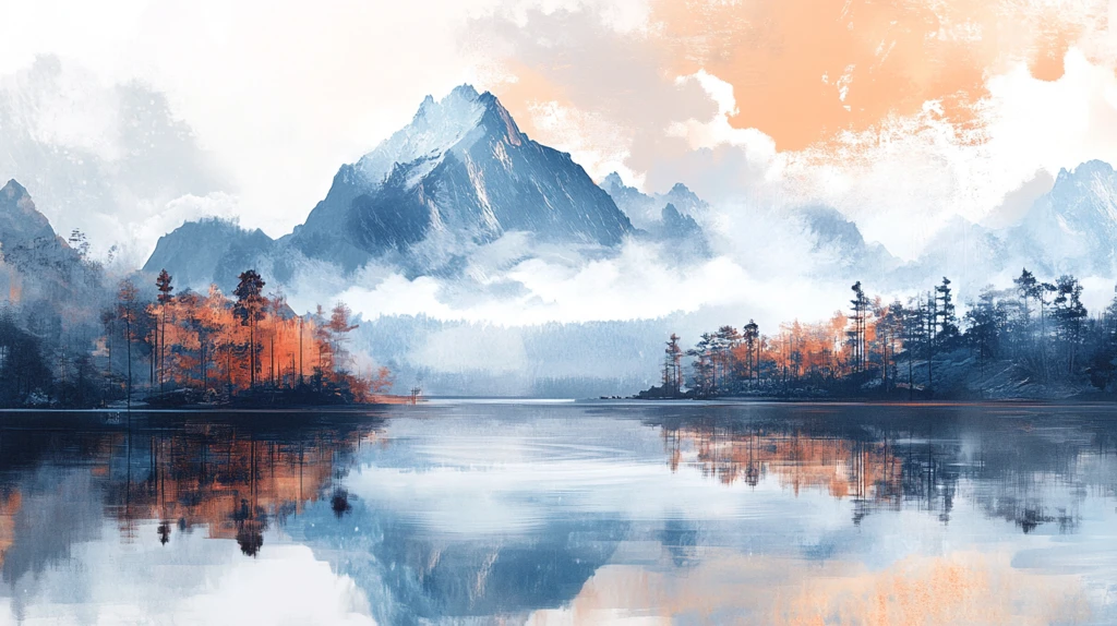 手绘唯美山水倒影