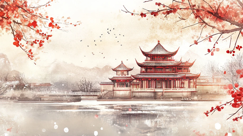 插画横店水彩水墨山水