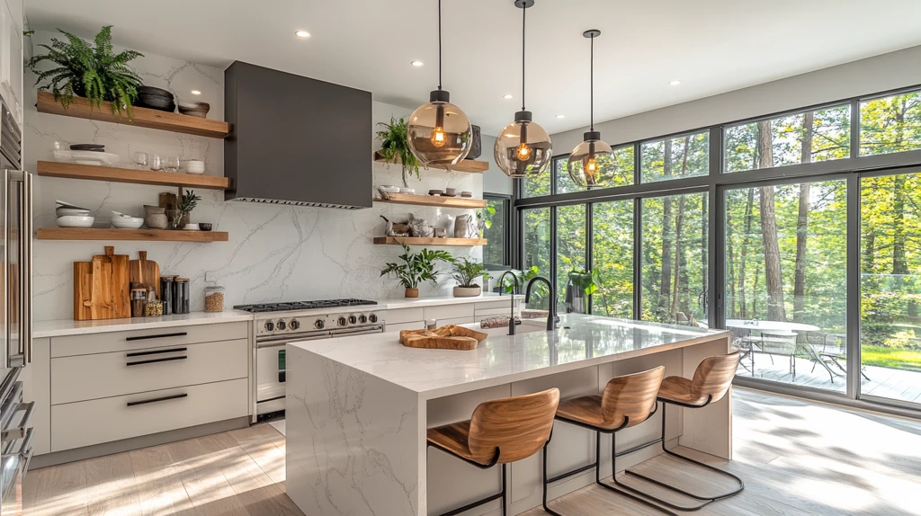 灰色橱柜白石台面