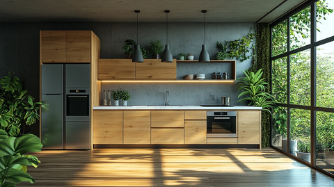 木柜白台绿植厨房