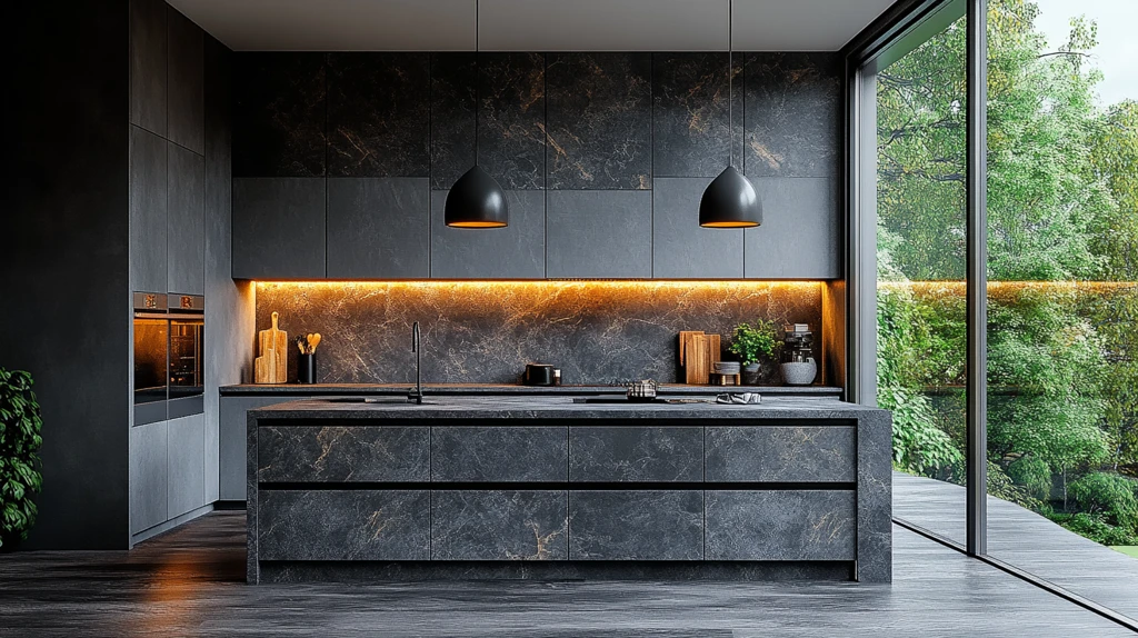 灰色橱柜黑色台面