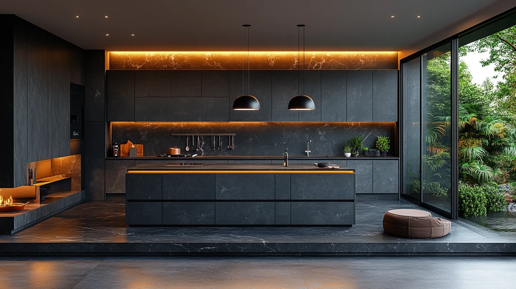 灰色橱柜黑色台面