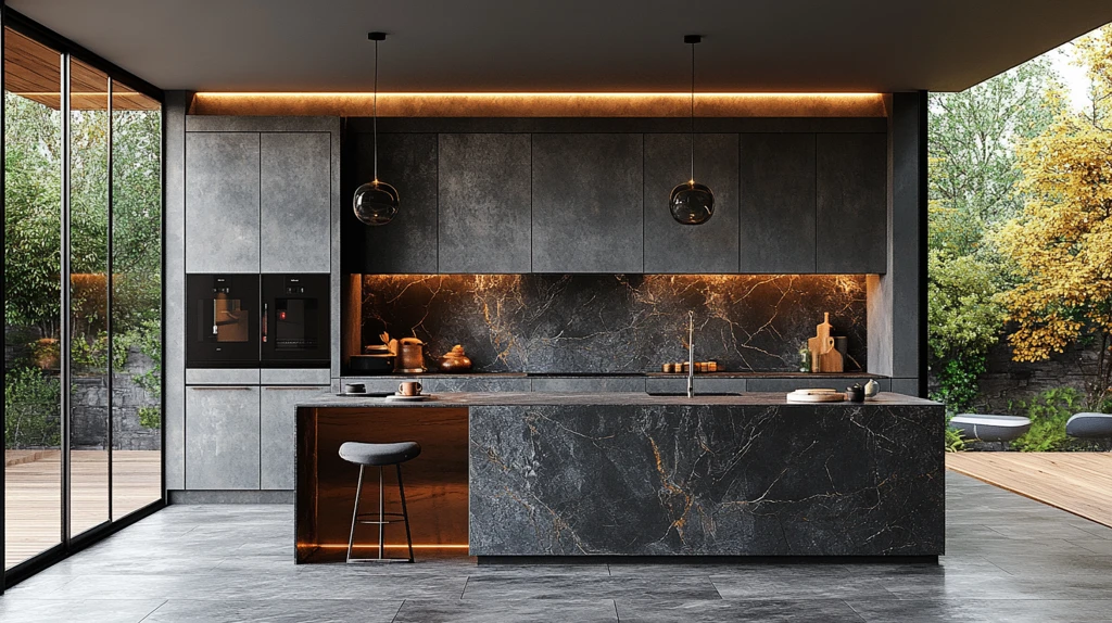 灰色橱柜黑色台面