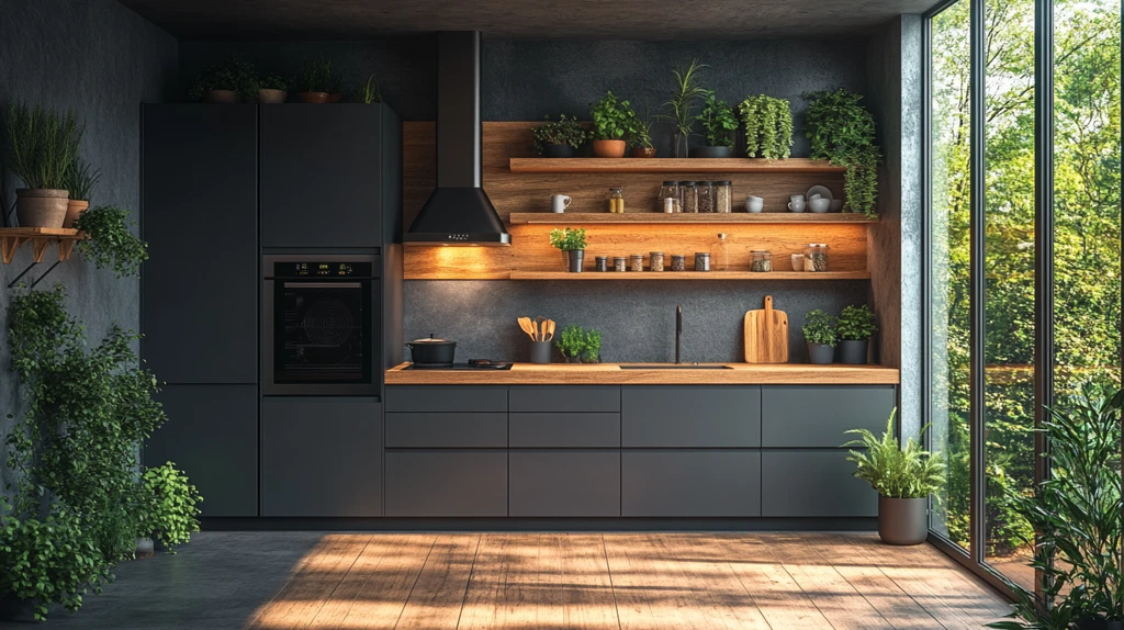 木纹橱柜绿植厨房