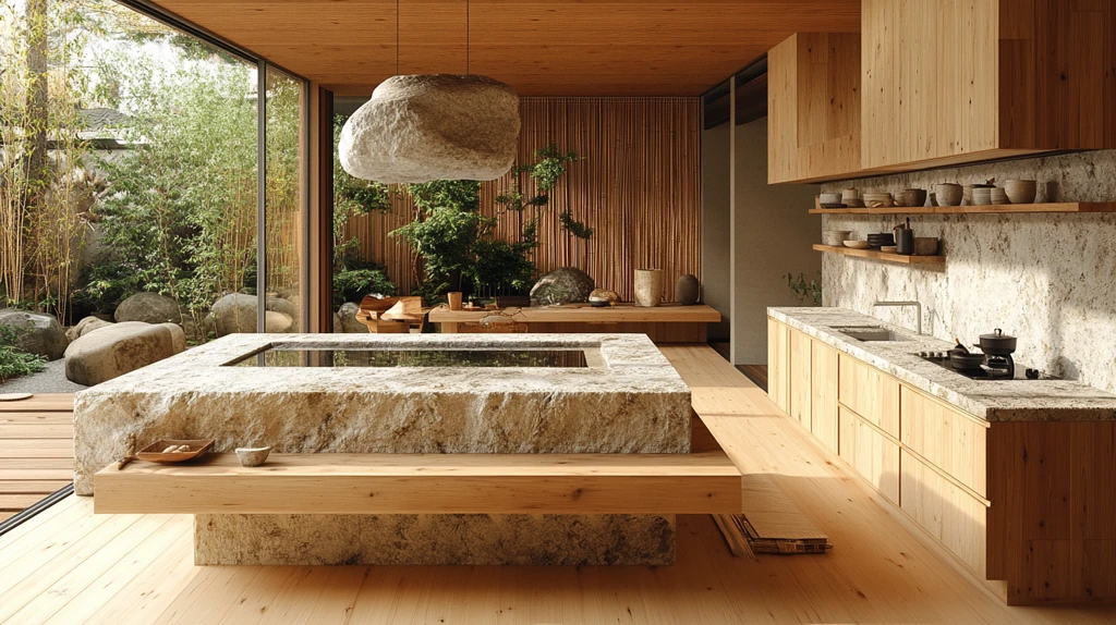 木柜石台竹饰厨房