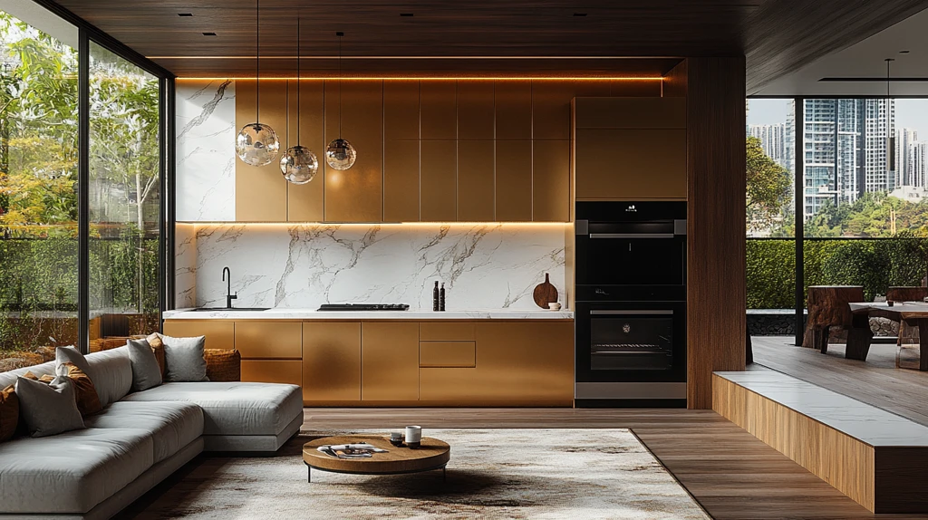 金色橱柜白色台面