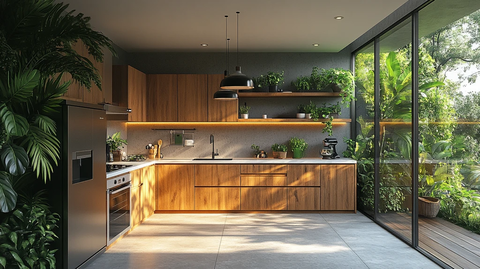 木柜白石台面绿植