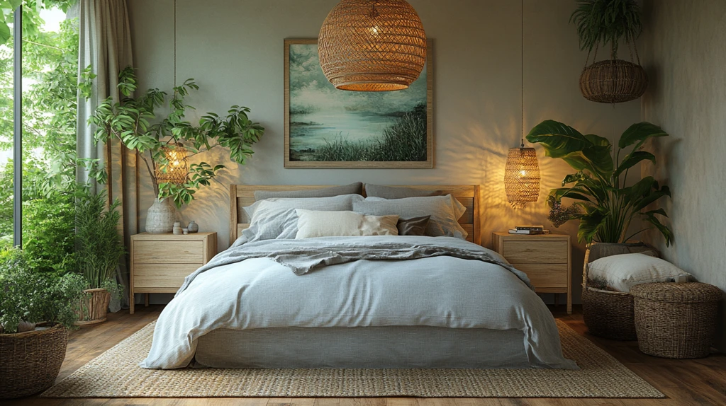 灰色床铺木质床头柜