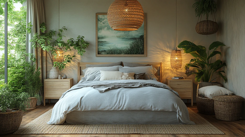 灰色床铺木质床头柜