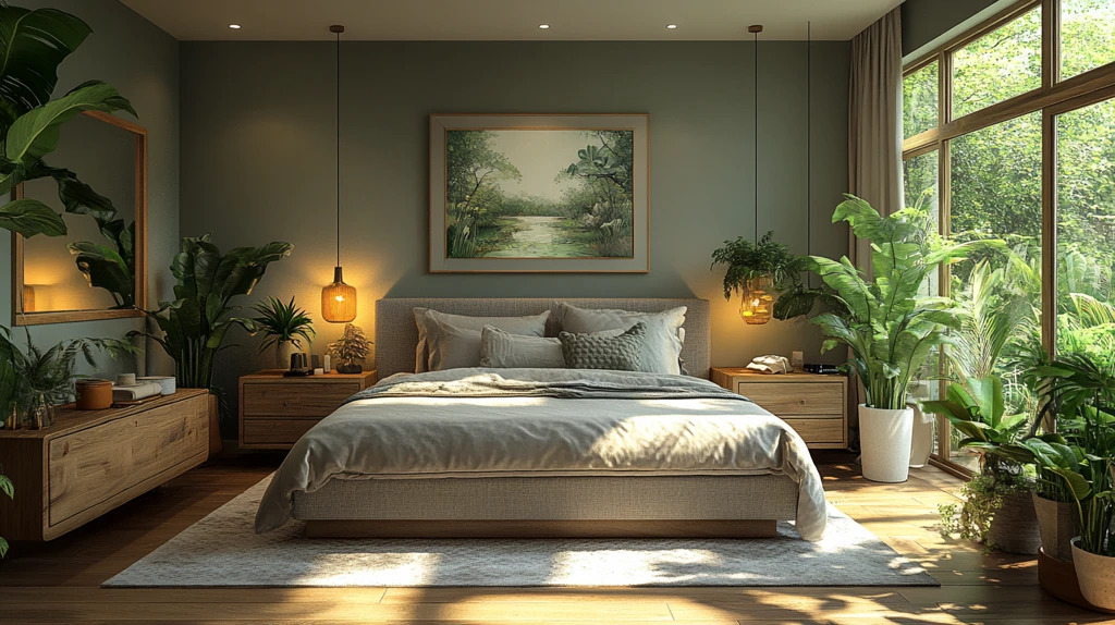 灰色床铺木质床头柜