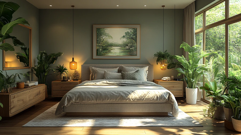 灰色床铺木质床头柜