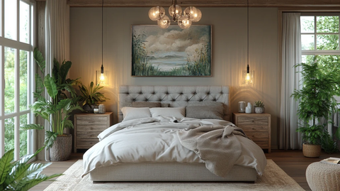 灰色床铺木质床头柜