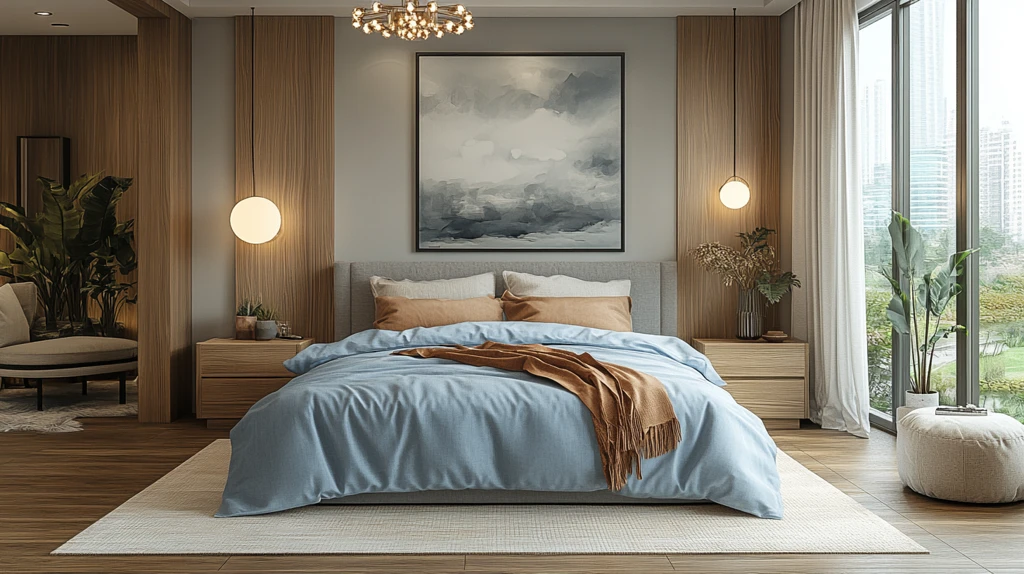 蓝色床铺简约卧室