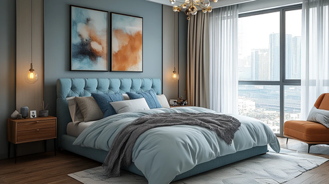 蓝色床铺简约卧室