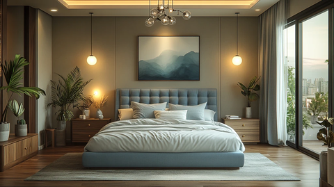 蓝色床铺简约卧室