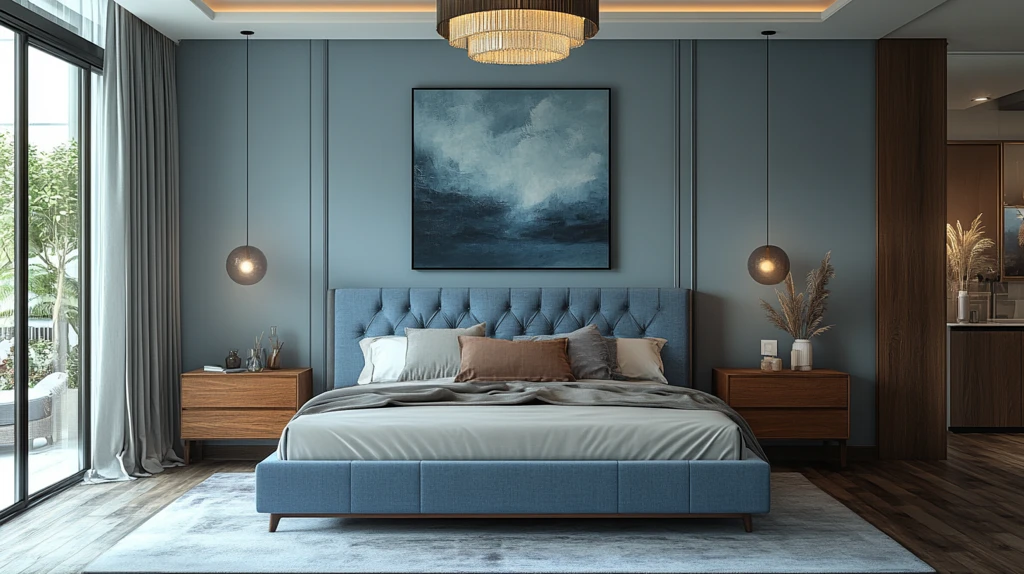 蓝色床铺简约卧室