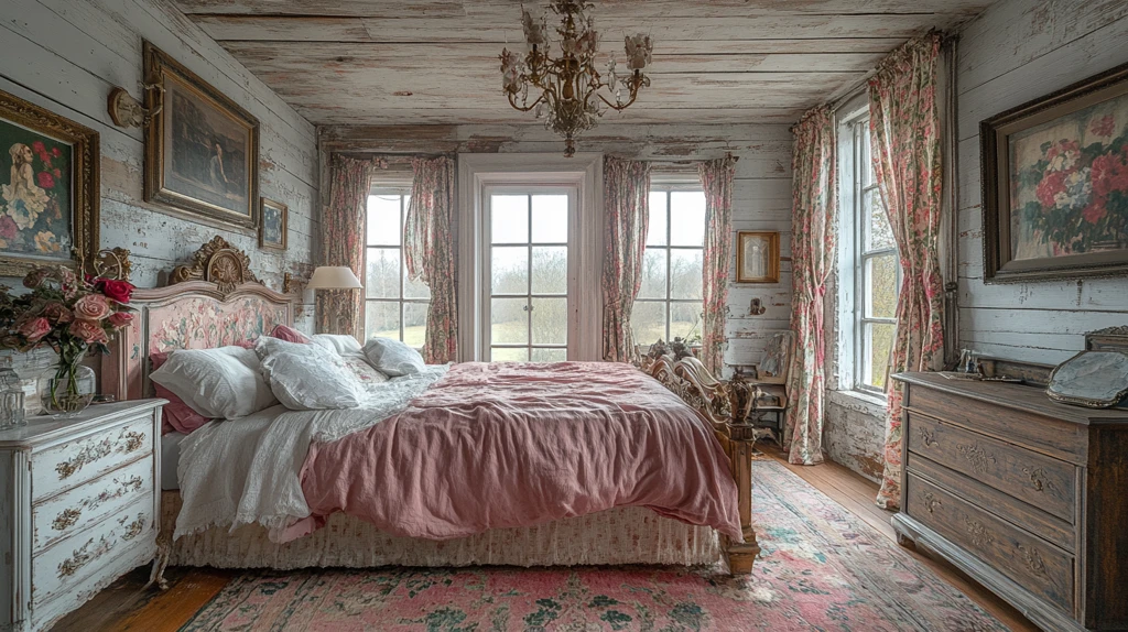 粉色床铺与木质床头柜