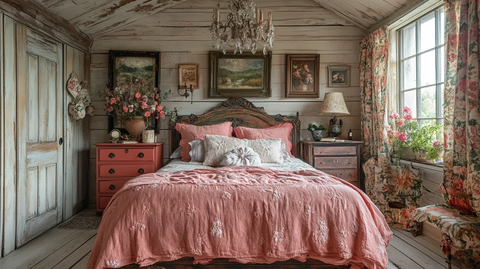 粉色床铺与木质床头柜