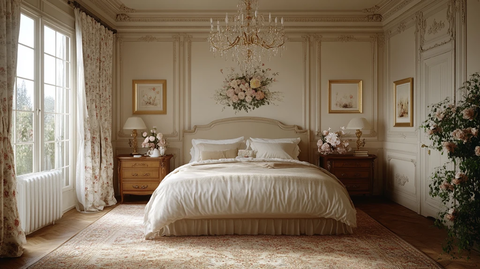 雕花木床与花饰帘幕