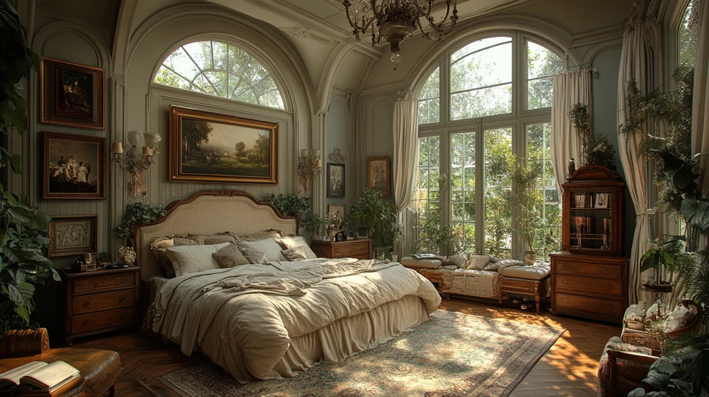 雕花木床与花饰帘幕