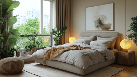 灰色床木地板卧室