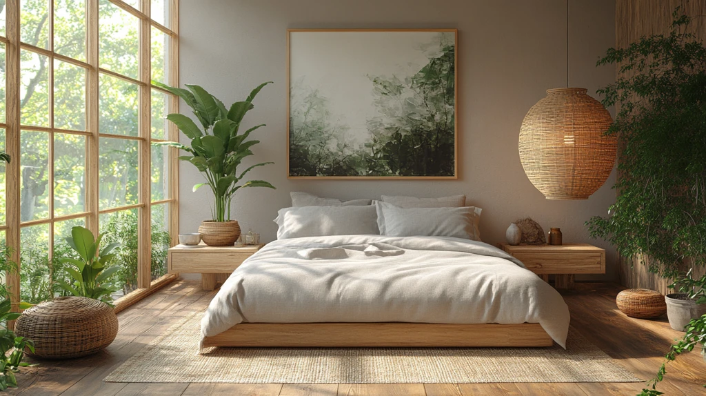 灰色床木地板卧室