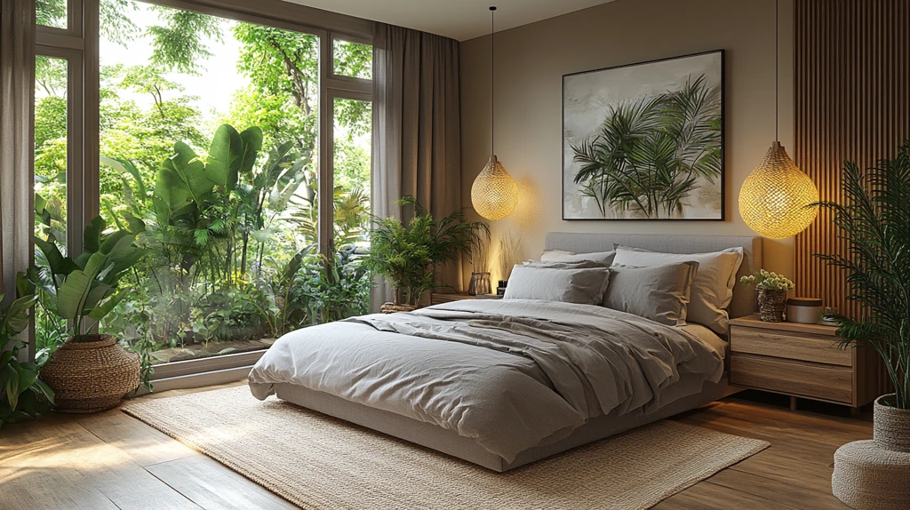 灰色床木地板卧室