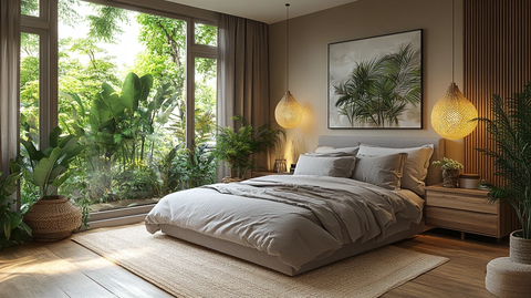 灰色床木地板卧室