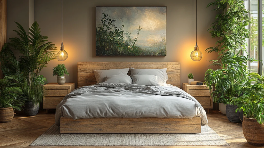 灰色床木地板卧室