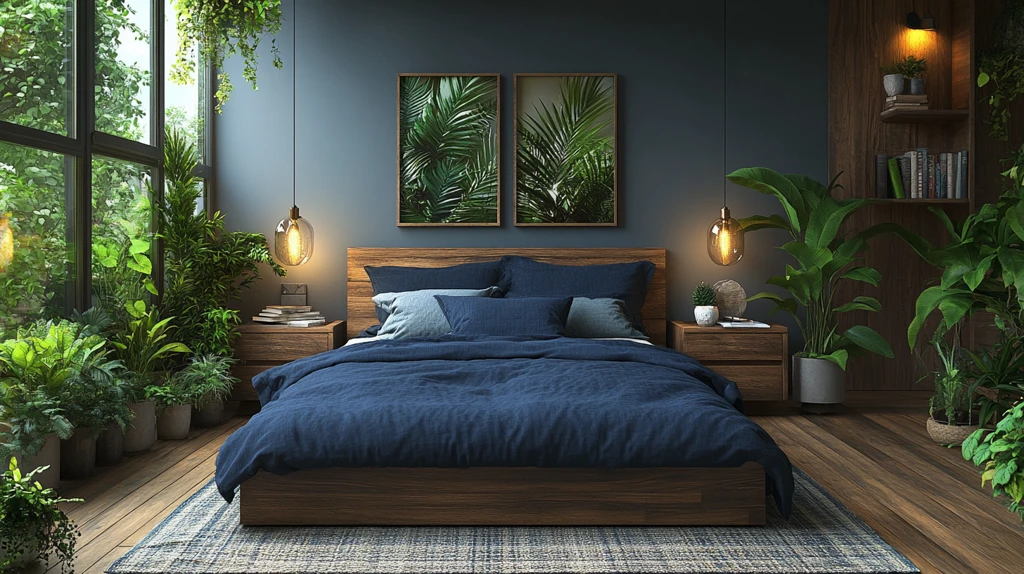 北欧风木床绿植