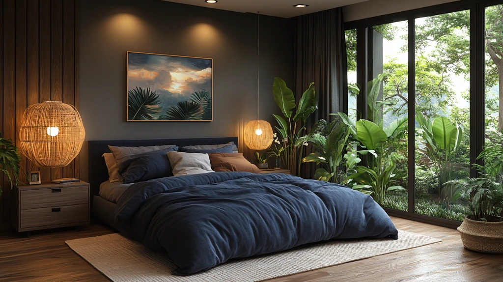 北欧风木床绿植