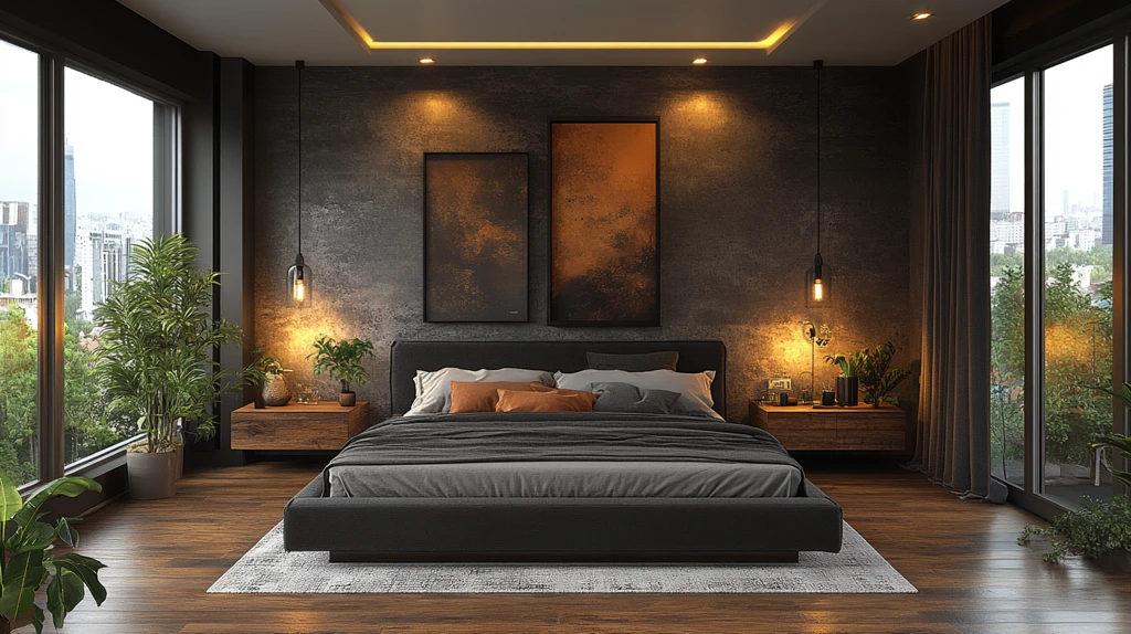 灰色床与木质床头柜