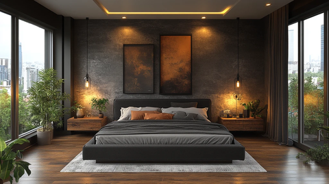 灰色床与木质床头柜