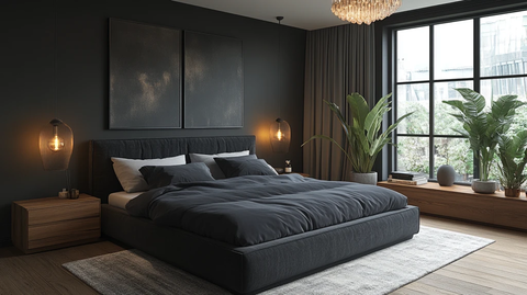 灰色床与木质床头柜