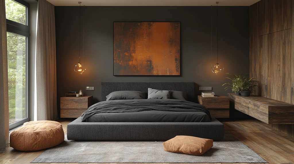 灰色床与木质床头柜