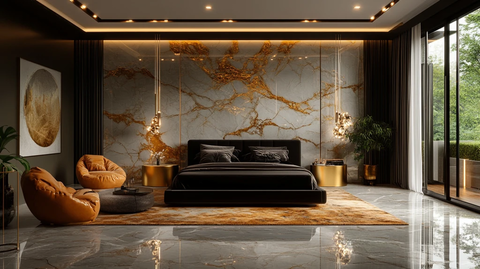 黑色床铺金色床头柜