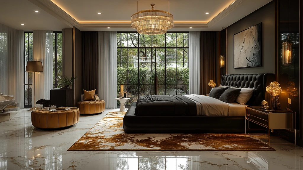 黑色床铺金色床头柜