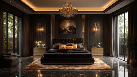 黑色床铺金色床头柜