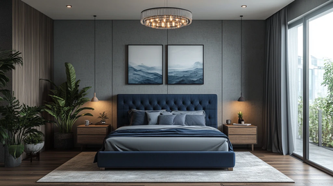 深蓝床铺木桌灯饰