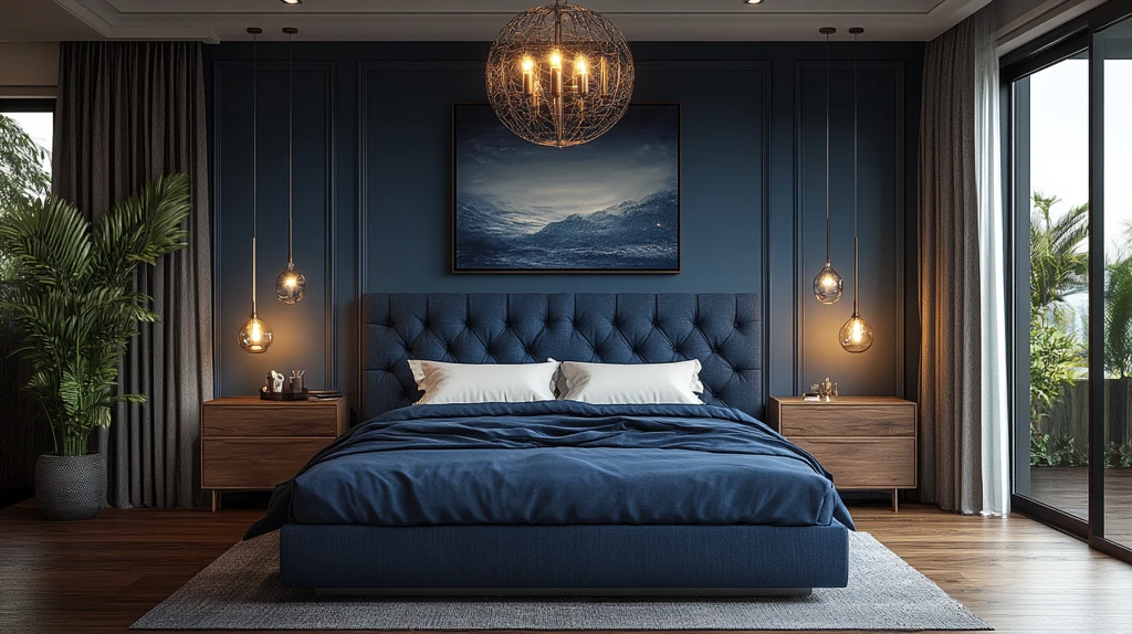 深蓝床铺木桌灯饰