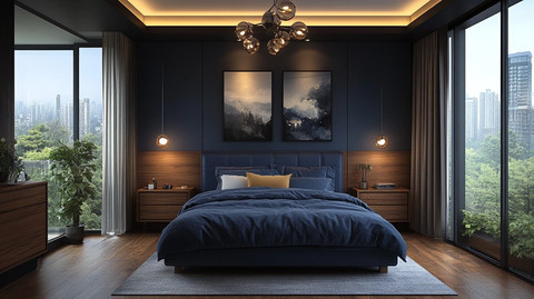 深蓝床铺木桌灯饰