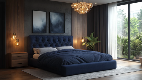 深蓝床铺木桌灯饰