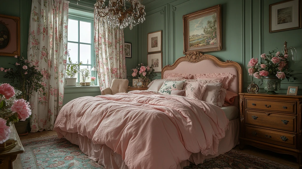 粉色床与木质床头柜