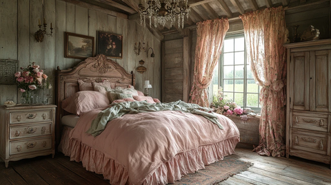 粉色床与木质床头柜