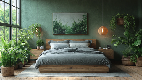 灰色床铺木质床头柜