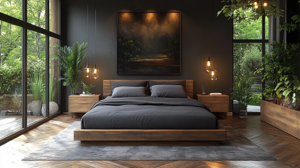 灰色床铺木质床头