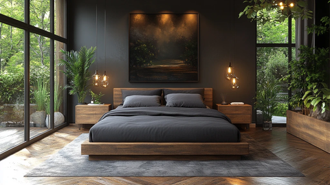 灰色床铺木质床头