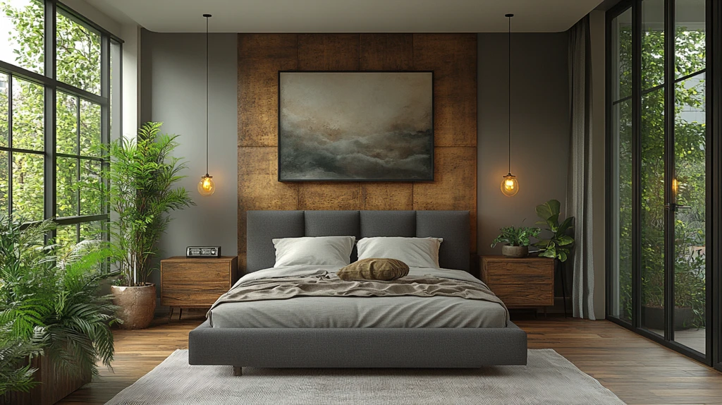 灰色床铺木质床头