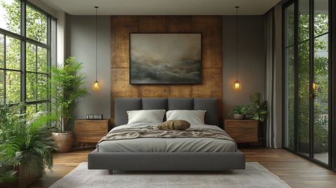 灰色床铺木质床头